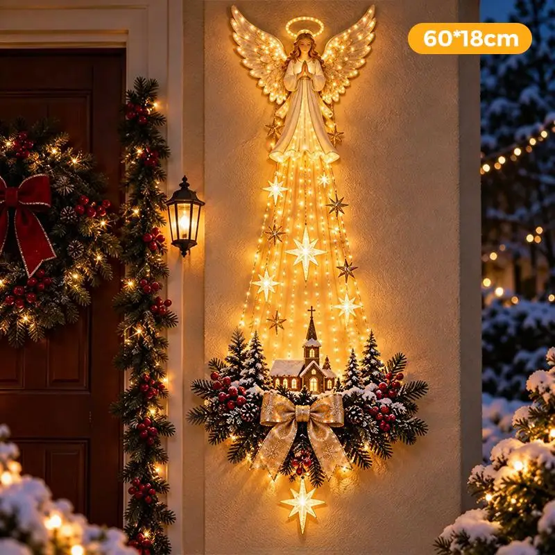Kerstmagische wandlamp – LED-lichtgevende kerstdecoratie voor de muur, kerstman met slee en rendieren, hangdecoratie voor feestjes.