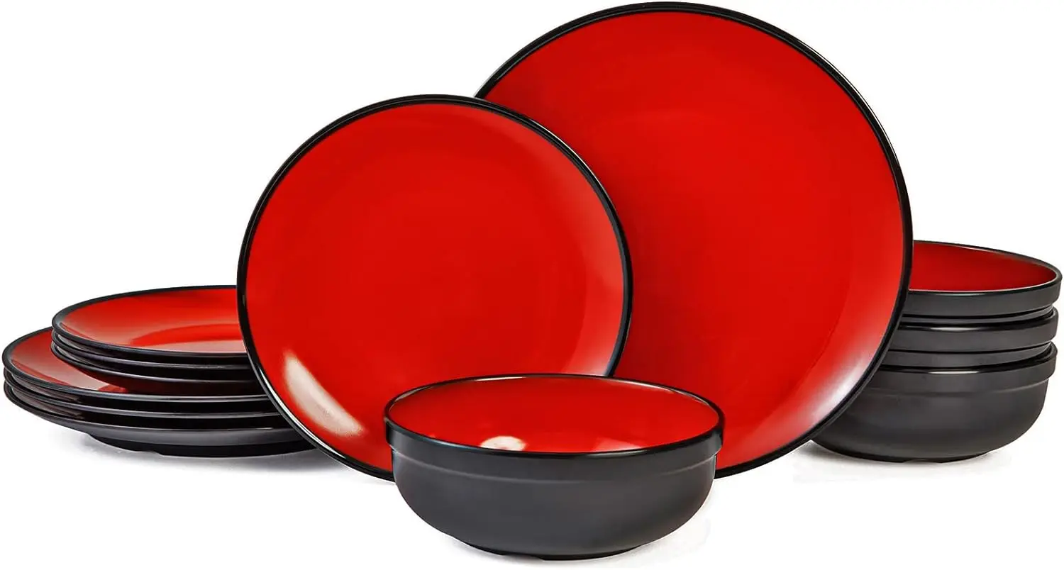 

TP 12-Piece Dinnerware Set, Melamine Dishes Set with Bowls and Plates, Non-breakable Lightweight Dinner Service for 4,