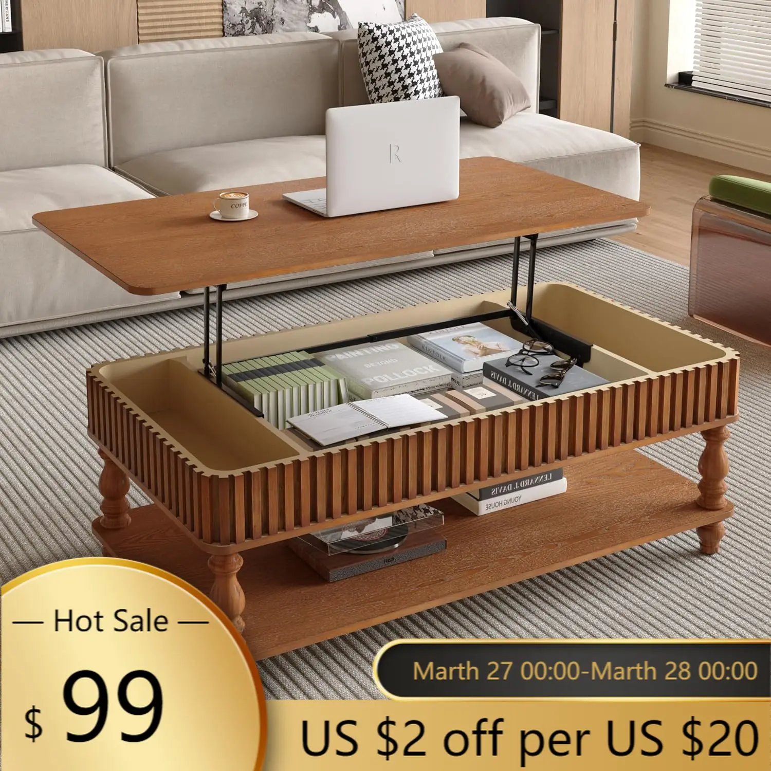 

Mid Century Modern Walnut Rectangular Coffee Table Solid Wood Storage Drum Center Table Living Room Bedroom Apartment Office