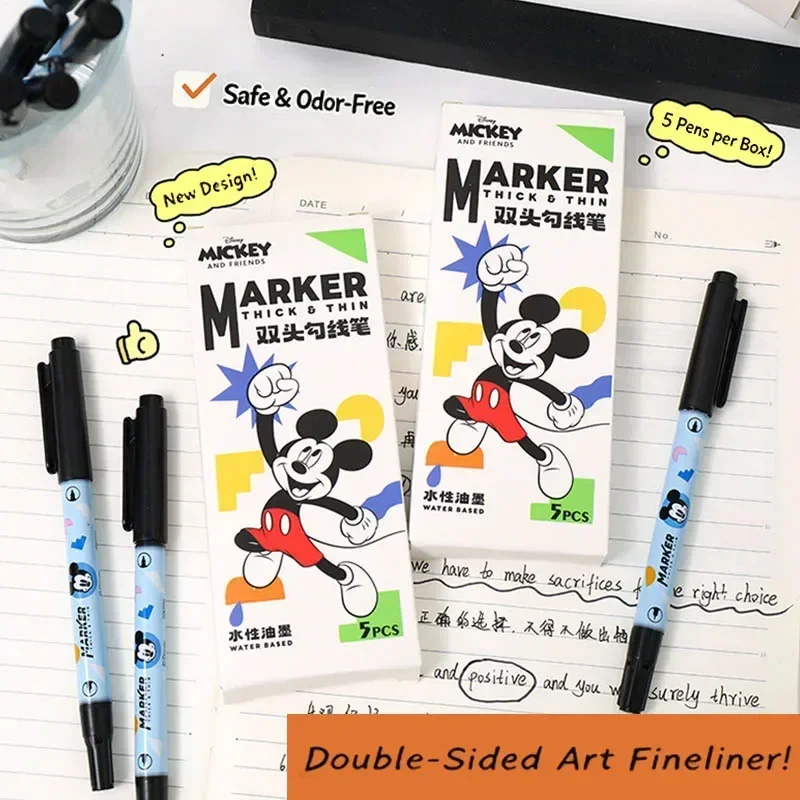 5pcs Disney Mickey Mouse Double-Ended Marker, Art Outline Liner Pen, Portable Quick Dry Black Drawing Pens, Student Gifts.