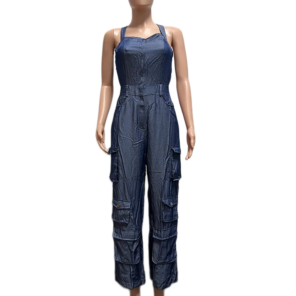 Women Jeans Overalls Spliced Cargo Denim Pants Vintage Washed Ankle Length Jean Pockets Solid High Street Loose Fit Button