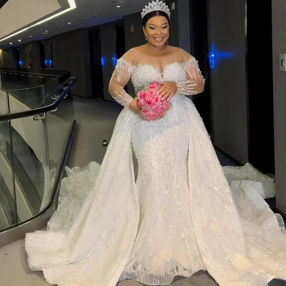 Customized  Spark Beads Pearls Wedding Dress Robe De Marriage Plus Size Long Sleeves Bridal Gowns With Removable Skirt