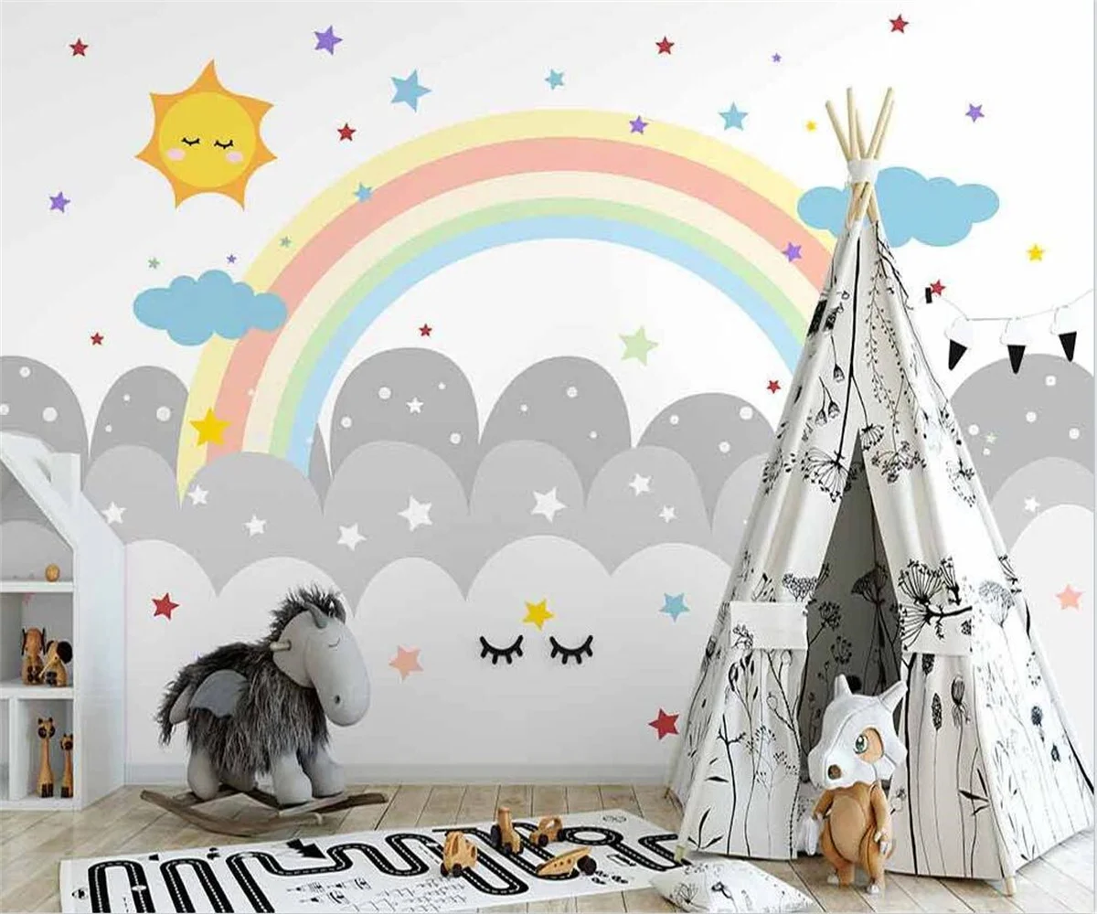 Customized children's background wall decoration cartoon mural Nordic simple cloud cartoon rainbow starry sky photo wallpaper