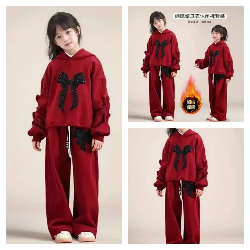 

Kawaii модный спортивный костюм для девочек, брюки, студенческие зимние повседневные теплые топы с капюшоном, длинные брюки, комплект из 2 предметов, детская одежда, новинка