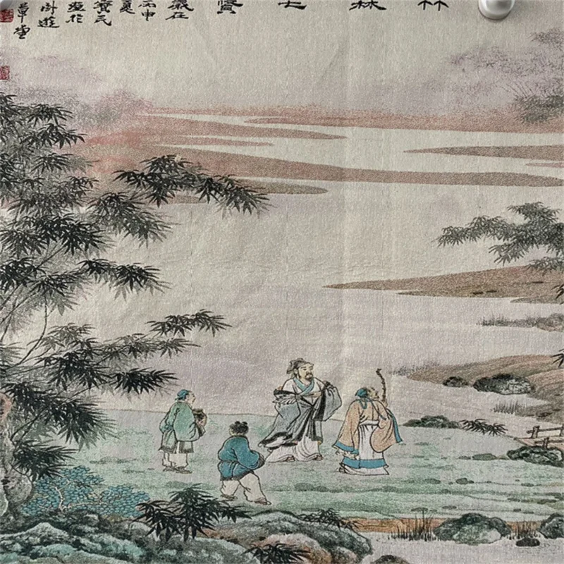 Chinese Old Color Brocade Embroidery Artwork Seven Sages of Bamboo Grove figure painting Decorative Home Decor Piece