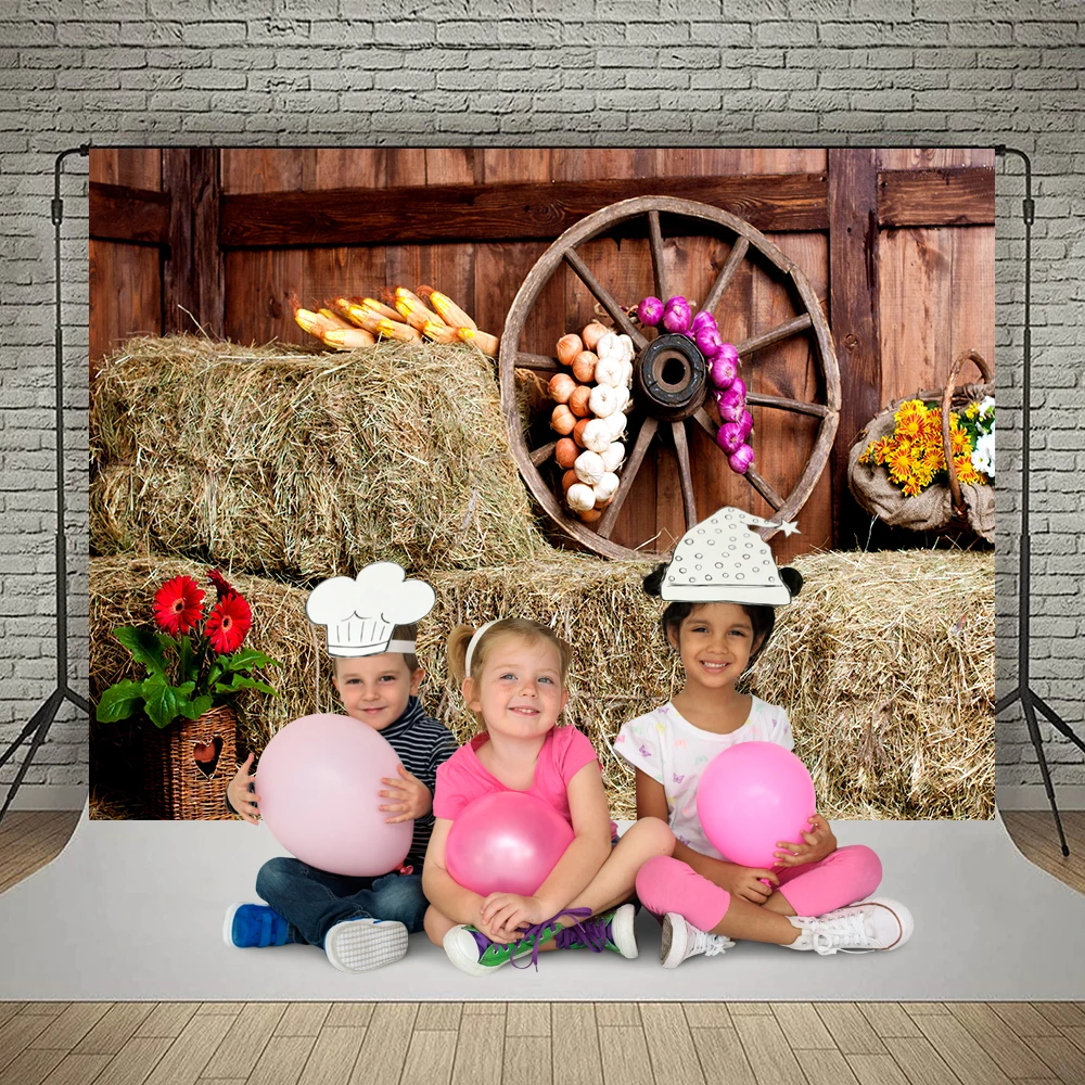 Farm Haystack Photography Backdrop Autumn Old Wooden Warehouse Rural Wood Wheel Children Portrait Photocall Photo Background