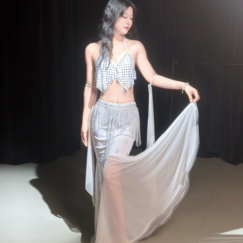 

Новые костюмы для танца живота, усовершенствованный топ с бриллиантами + рукава + сексуальная юбка «рыбий хвост», комплект одежды для соревнований по восточному танцам