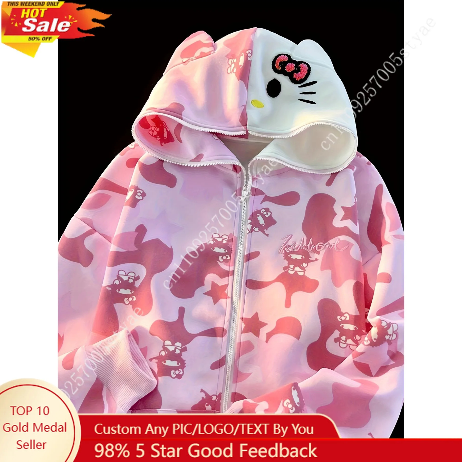 

Hello Kitty Camo Print Teen's Hooded Zip-Up Hoodie with Ear Design Towel Embroidery Sanrio American Street Coat