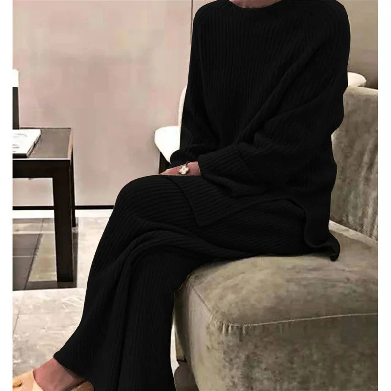 Elegant Solid Color Knitted Casual Suits Women O Neck Long Sleeve Split Hem Sweater Loose Wide Leg Pants Commuter Two Piece Set