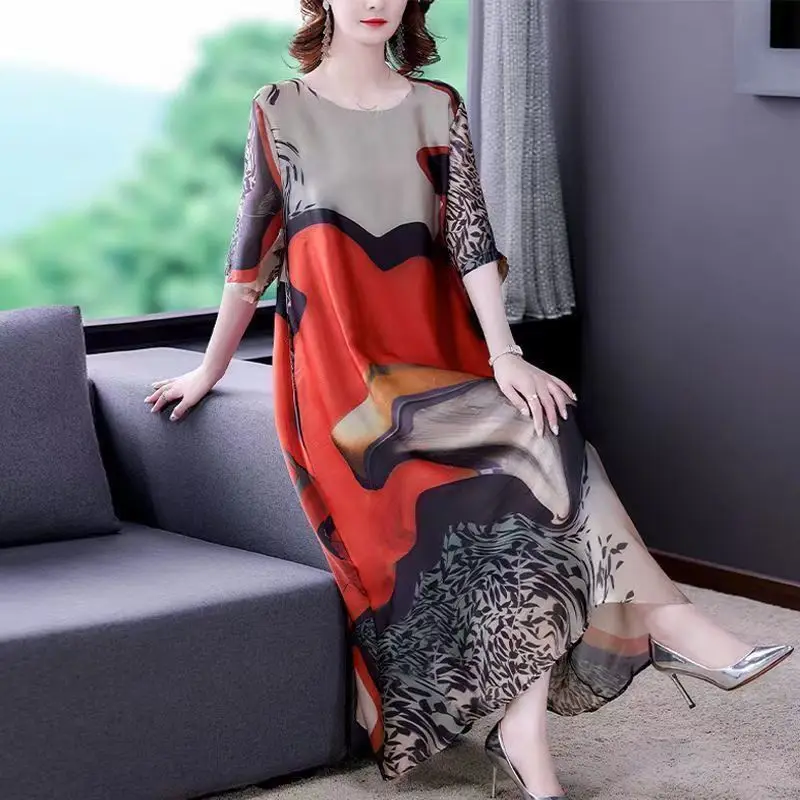 Vintage Women Oversized Satin Long Dress Spring Summer New Half Sleeve Pullover Dresses Female Print Loose Fashion Casual Robe