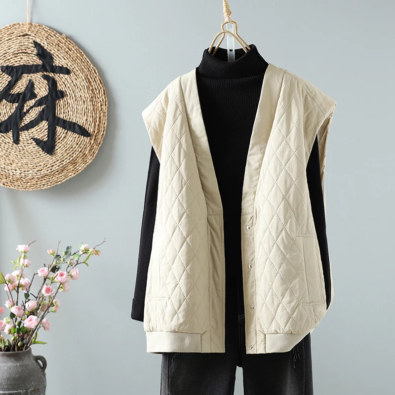 

Quilted Cotton Vest Women's Autumn Winter New Loose Outerwear High-End Feeling Sleeveless V-Neck Vest Jacket Commute Style Th...