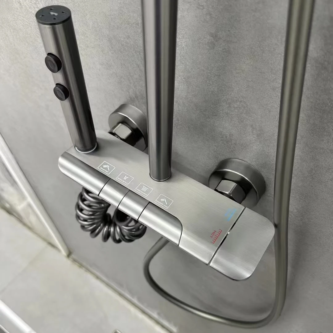 Juego de ducha termostática de 4 funciones, pistola de Material de latón, teclas de Piano grises, patrón de pulverización de lluvia, precio barato, grifos de ducha de bañera