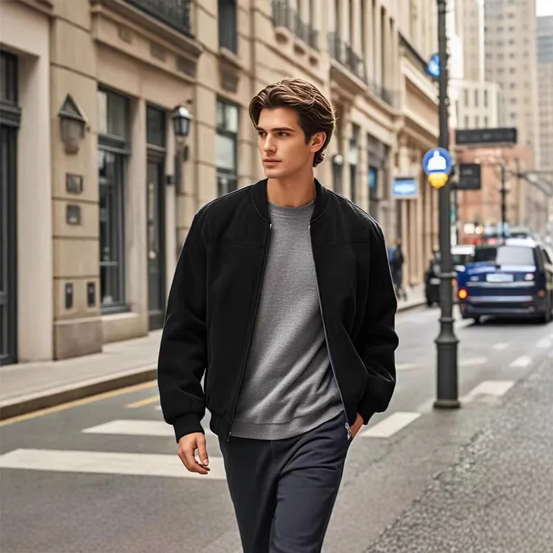 New men's fashionable solid color zipper jacket, casual retro long sleeved cardigan, autumn and winter fashionable street top