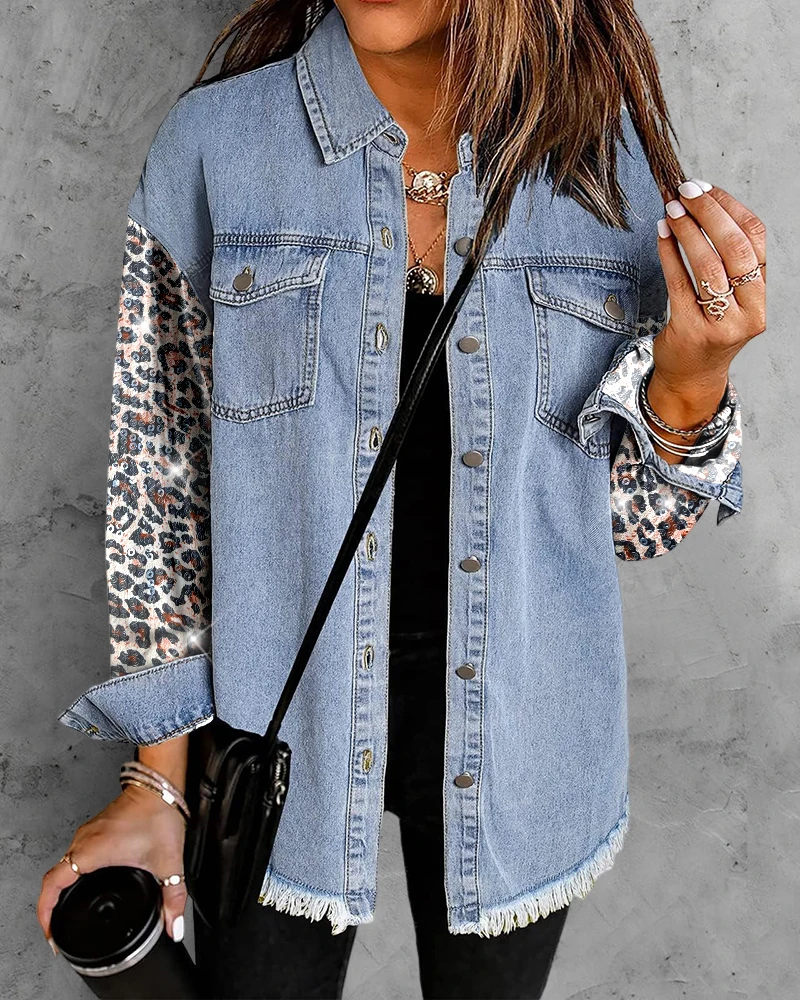 Denim patch leopard print lapel long sleeved front button contrast sequin jacket women's fashionable casual jacket