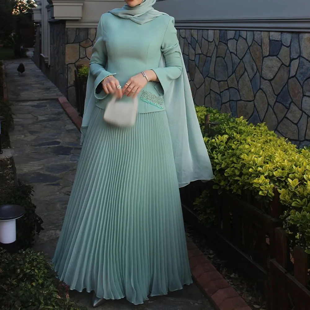 

Customized A-line Evening Dresses Floor-length High-neck Full Sleeve Prom Gown Fashion Sequined Simple Draped Casual Party Gown