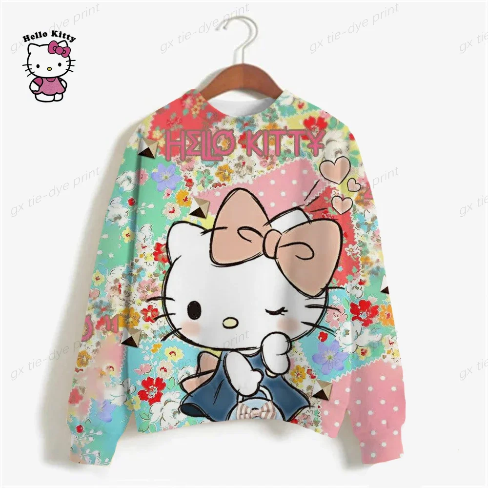 2023 Autumn Lady Pullovers Casual HELLO KITTY Print Sweatshirt Women Fashion Cartoon Long Sleeve Loose Hoodies Y2k Streetwear