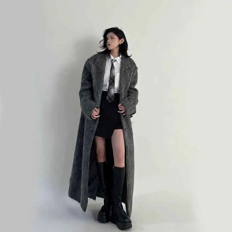 Autumn Korean Women Faux Woolen Coats Y2K Fashion Winter Solid Thicken Long Jacket Female Loose All Match Fluffy Blends Outwear