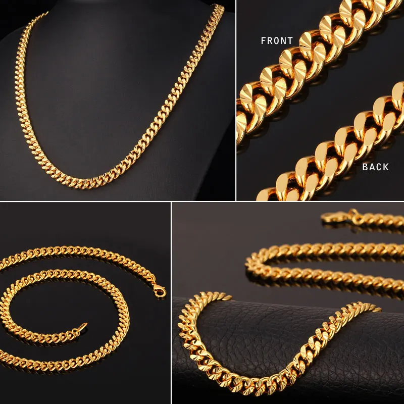 U7 Curb Chain Necklace Hollow Miami Cuban Link Chain For Men Gift 6mm Choker Wholesale Gold Color Hip Hop Jewelry