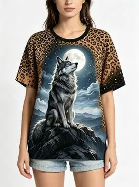 Women Crew Neck Short Sleeve T‑shirt Leopard Tiger Full Moon Mountain Rock Sky Print Casual Summer Tops