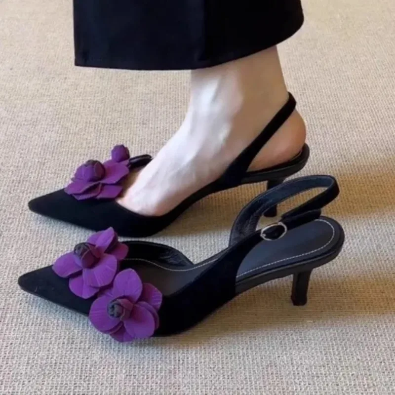 

Flower Women Heeled Sandals Pointed Toe High Heels Shoes Slingback Fashion Summer Woman Dress Shallow Sandalias De Mujer