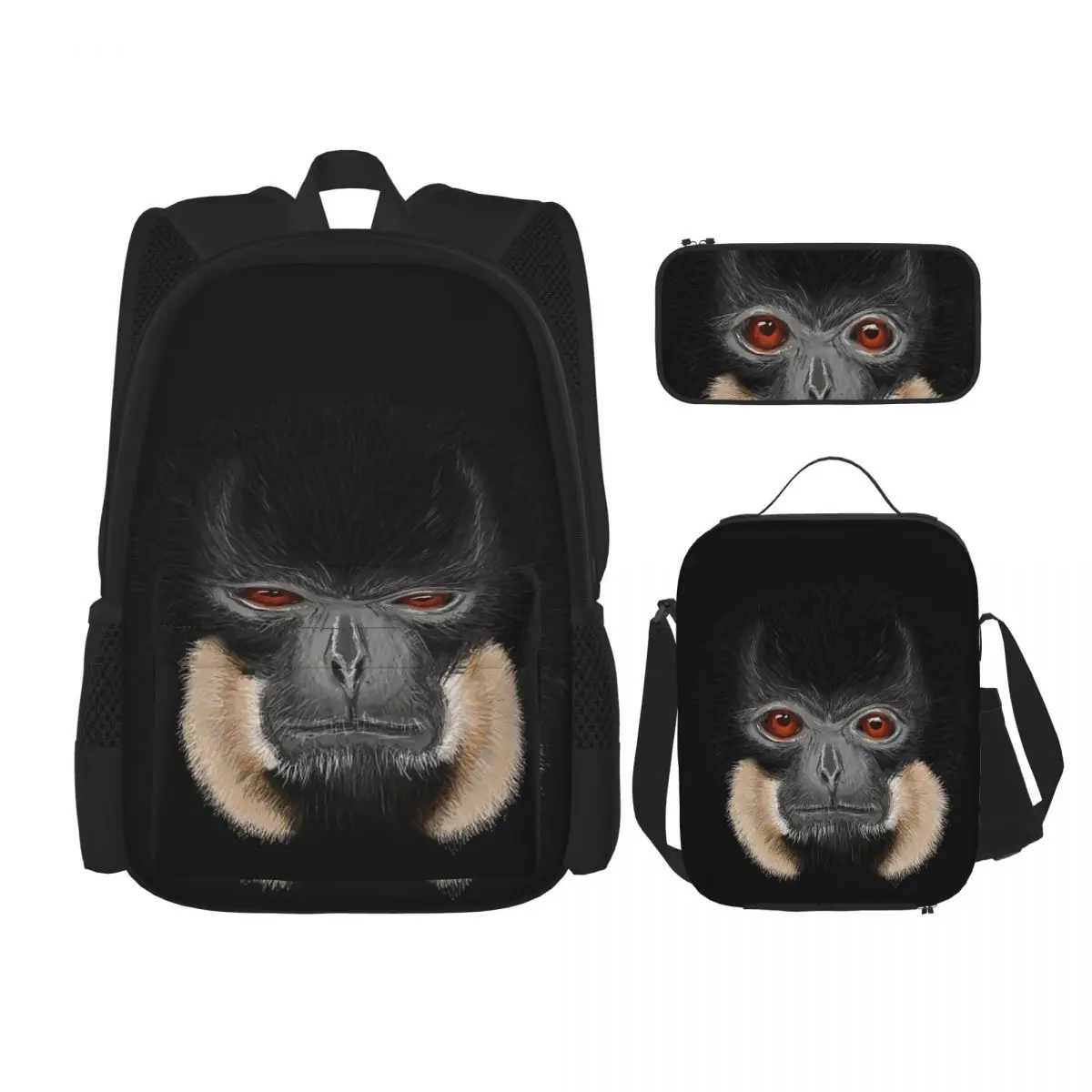 

Black Gibbon Monkey Backpacks Boys Girls Bookbag Children School Bags Cartoon Kids Rucksack Lunch Bag Pen Bag Three-Piece Set