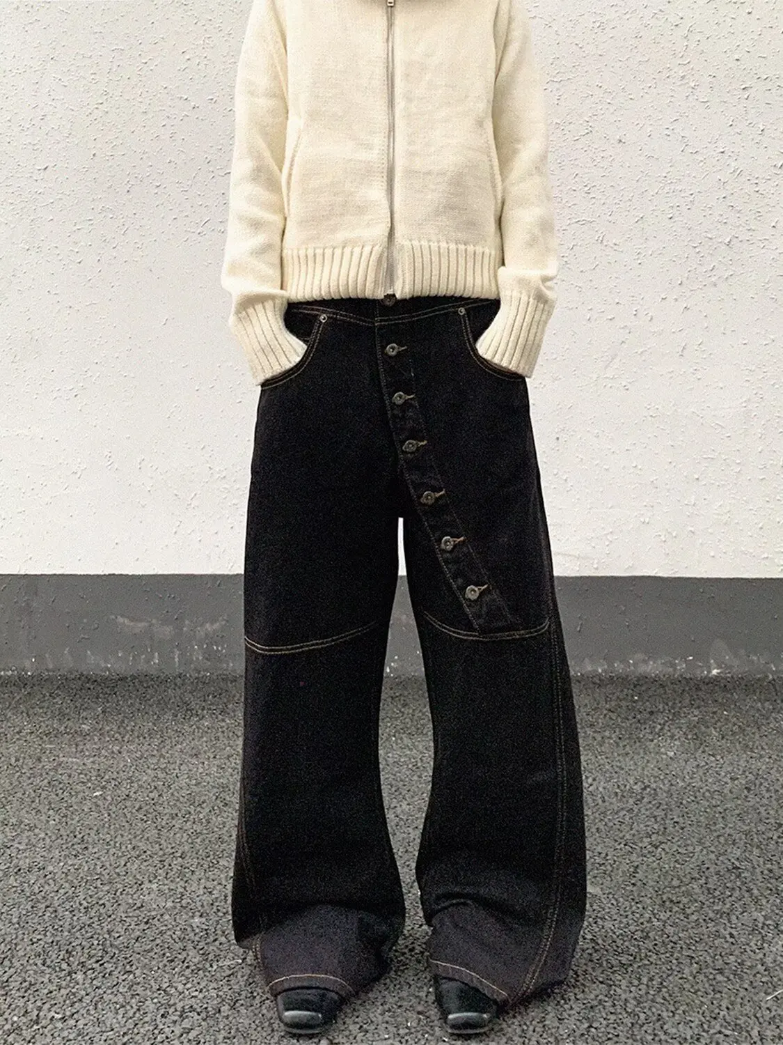 Lente en herfst zwarte losse broek met wijde pijpen met meerdere knopen - unisex high-end veelzijdige casual luie flare denim jeans met lage taille