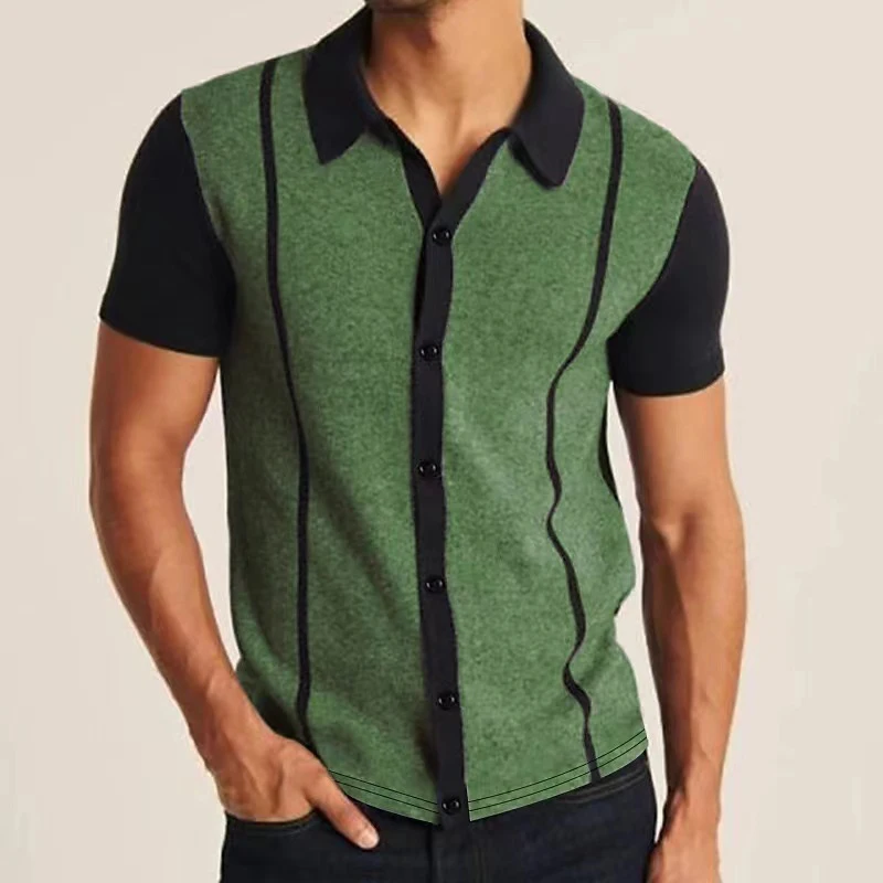 Camiseta de manga corta para hombre, camiseta de retales, camisa Formal con solapa de botón delgada, ropa de calle, Polo de punto a la moda, verano, 2023