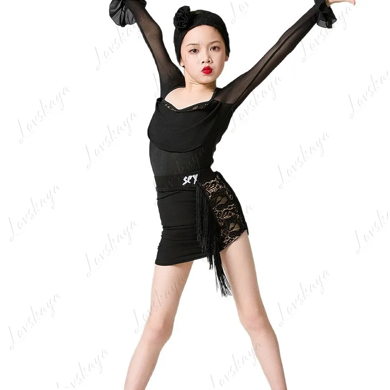 

Children's Latin Dance Training Suit for Girls - Spring Black Performance High-end Separate Set