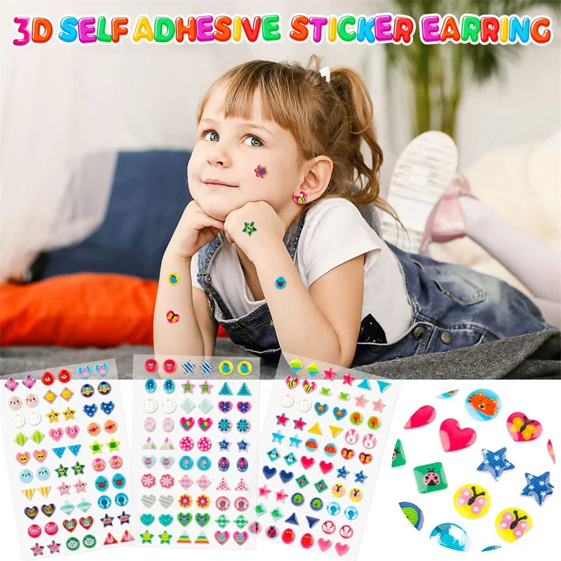 Cartoon 3D Gems Sticker Earrings for Girls 60-360pcs Self-Adhesive Glitter Crystal Stickers Toddler Kids Ear Sticky Jewelry Toys