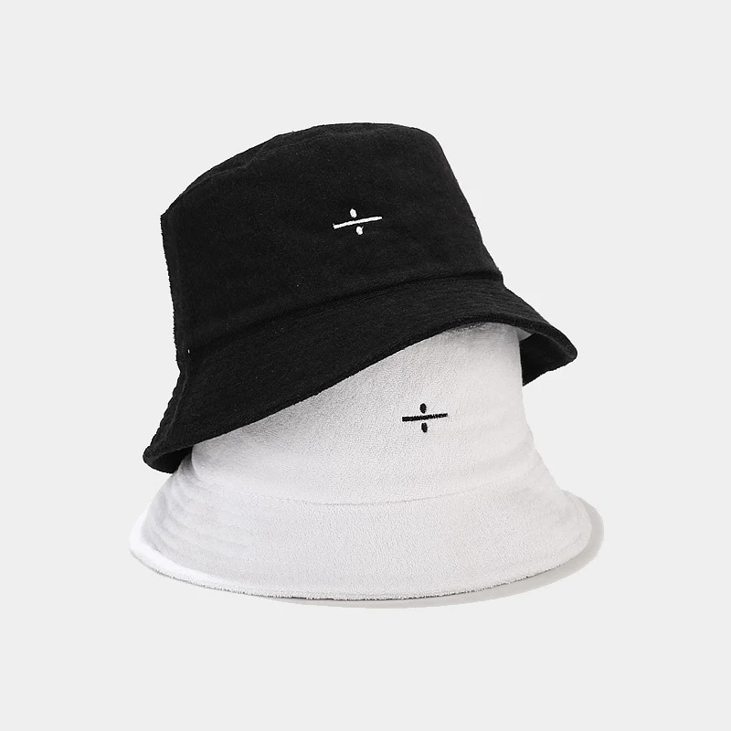 Minimalist Cross Embroidered Fuzzy Bucket Hat Winter Warm Plush Sun Hat for Women