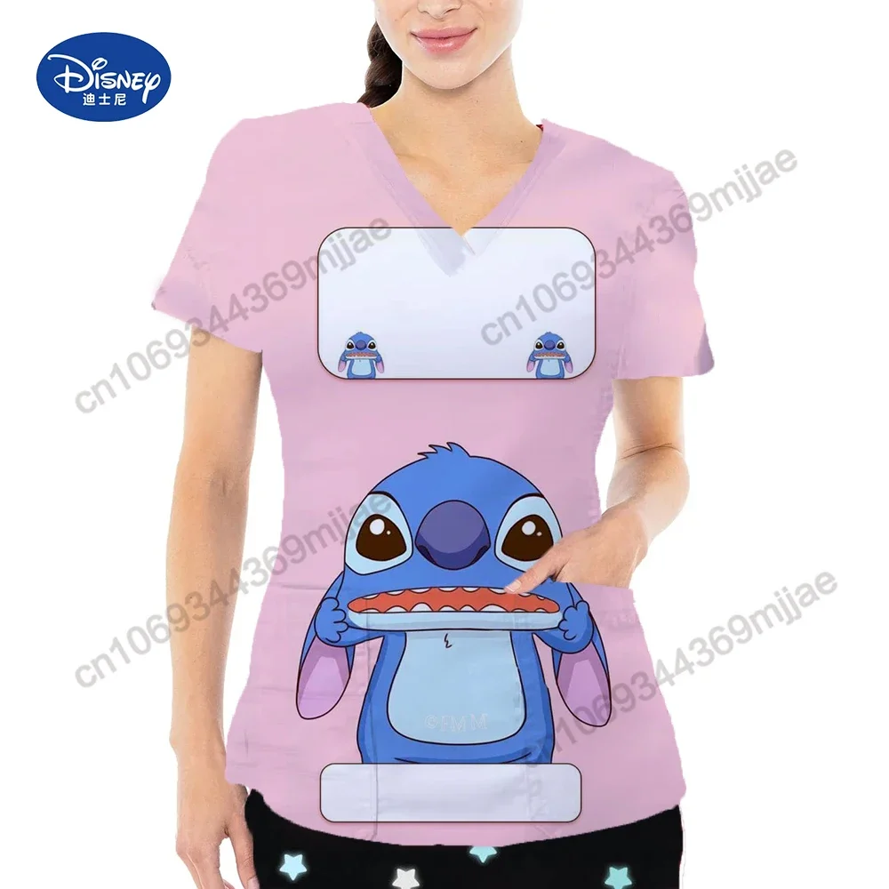 Disney Cartoon Printed Pattern Tops 2024 Summer Casual Lady's V-neck Double Pocket Design Style T-shirt Fashion Nurse unifort