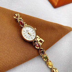 Temperament Vintage Colored glazed stone Elliptical watch strap Quartz Watch For women's girl Student gift Women's accessories