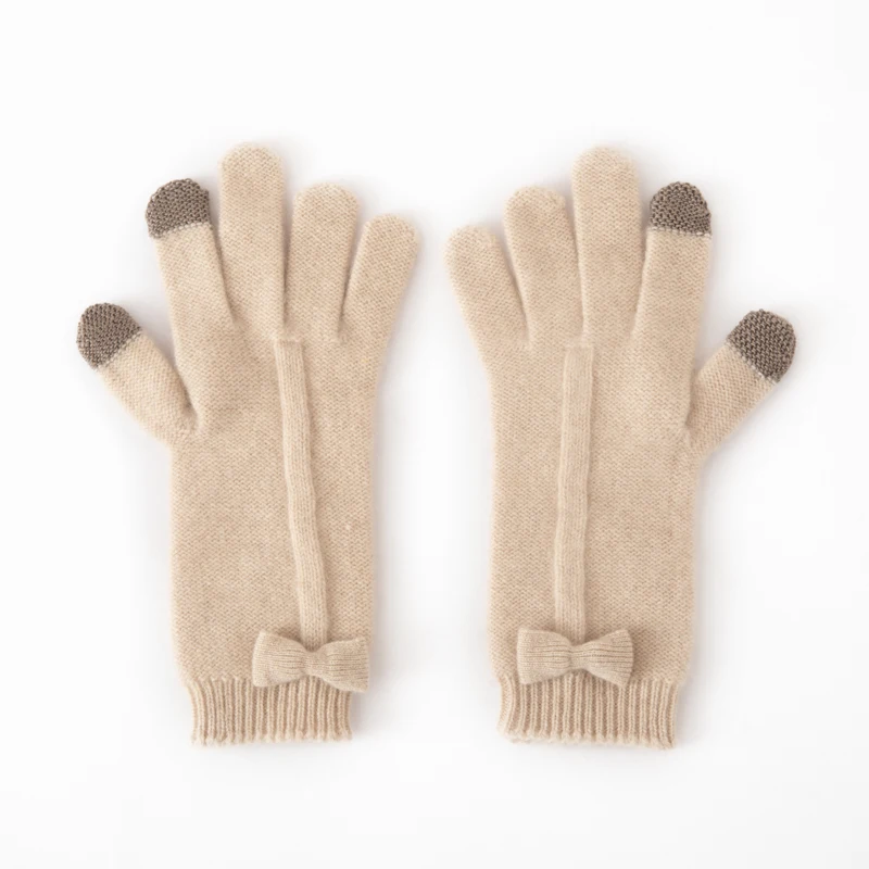 2025 New 100% Cashmere Gloves with Bowknot, Extended Length, Winter Double Thickened Warm Women's Fingerless Gloves