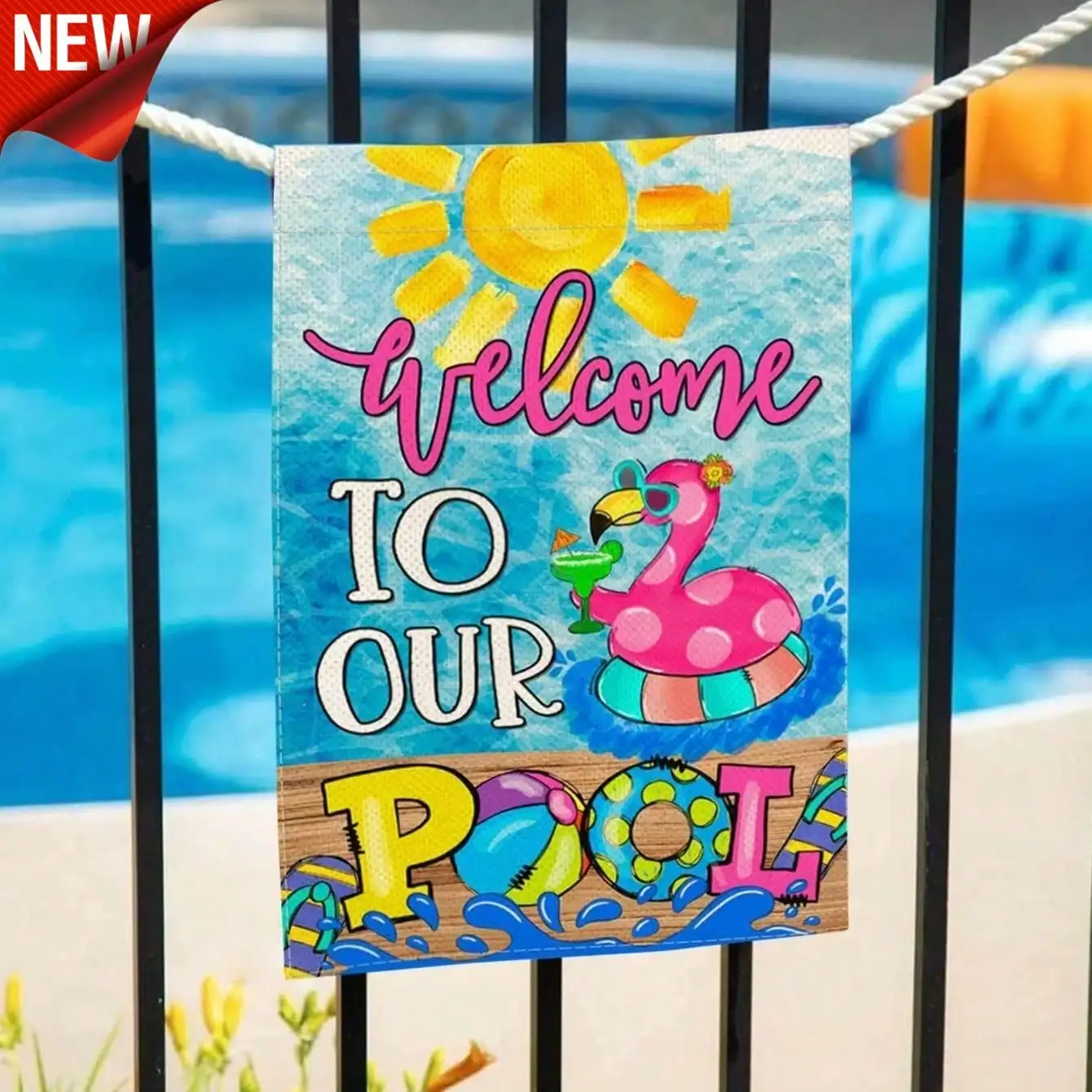 Bandera de jardín vertical tropical de verano con flamenco - Pancarta colgante de tela de arpillera para exteriores, estilo rústico, de bienvenida y de temporada