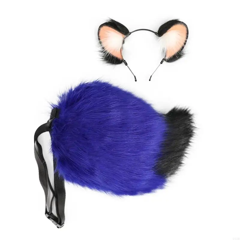 H58E Plush Foxes Raccoon Ears Headband and Faux Furs Tail for Halloween Cosplay Party Costumes Accessories for Kids Adults