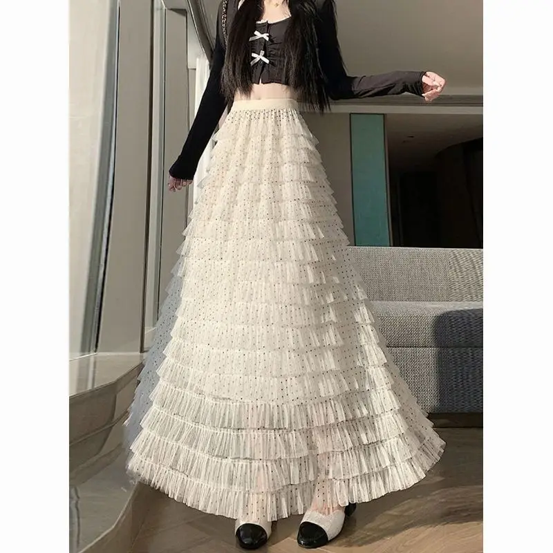 

Spring High Waist A-Line Tulle Skirt Women's Casual Polka Dot Fairy Half-length Skirts Slimming Long Cake Skirt Polyester