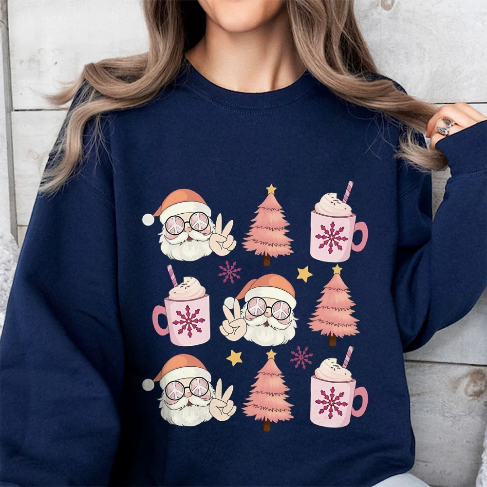 Ladies Cotton Hoodie Sweater Christmas Style Santa Pine Graphic Print Chic Loose Shoulder New Trend Crew Neck Sweatshirt