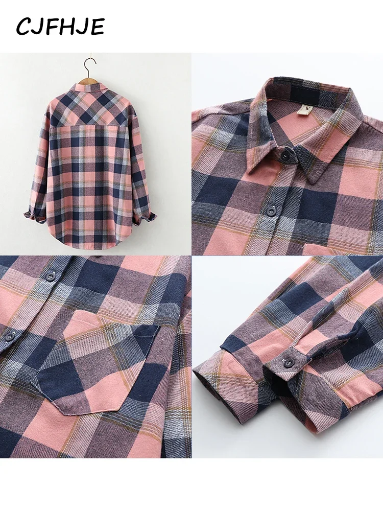 CJFHJE-camisa a cuadros de franela Vintage para mujer, blusa holgada de manga larga con bolsillos y cuello vuelto, Tops básicos informales para