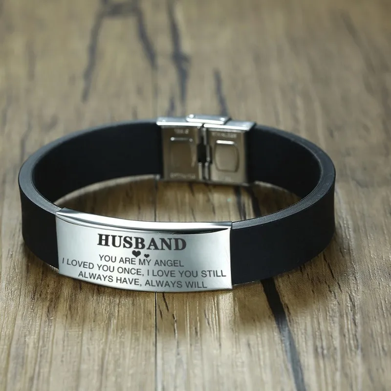 Vnox Custom TO HUSBAND Bracelets for Men Black Silicone Wrist Band with Stainless Steel Tag Valentine\'s Day Gift for Him