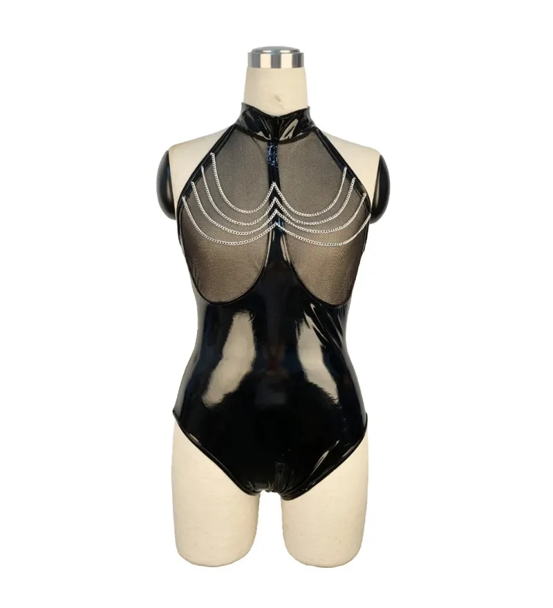 

Сексуальное блестящее кожаное женское боди, эротический костюм, ПВХ, латексное боди с мокрым эффектом, нижнее белье на молнии с открытой промежностью, майка