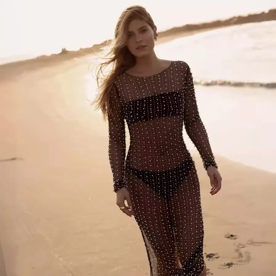 Fashionable and sexy studded hot diamond cover up, mesh long sleeved dress