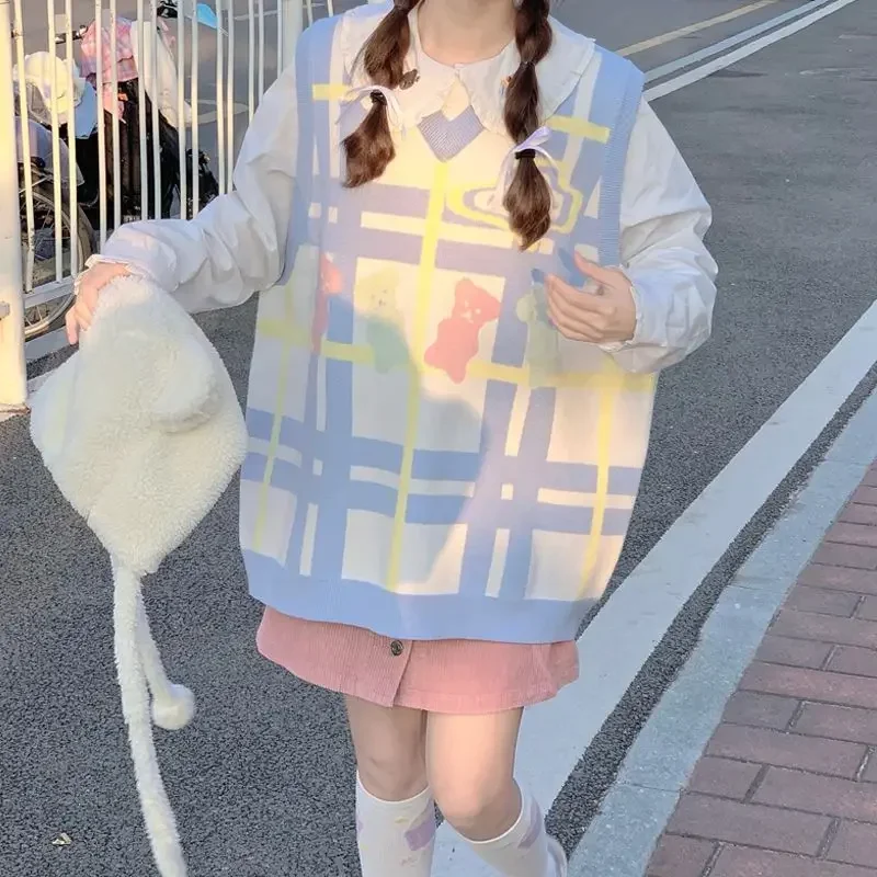 

Jk японские жилеты Y2k Kawaii Bear женский милый свитер в консервативном стиле с v-образным вырезом Sueter Mujer пуловеры полосатые конфеты оверсайз Harajuku