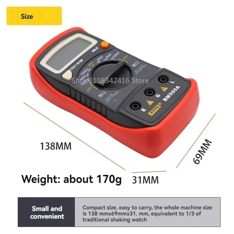 BM500A Digital Insulation Resistance Tester, 1000V 250V Megohmmeter Electronic Resistance Measuring Instrument