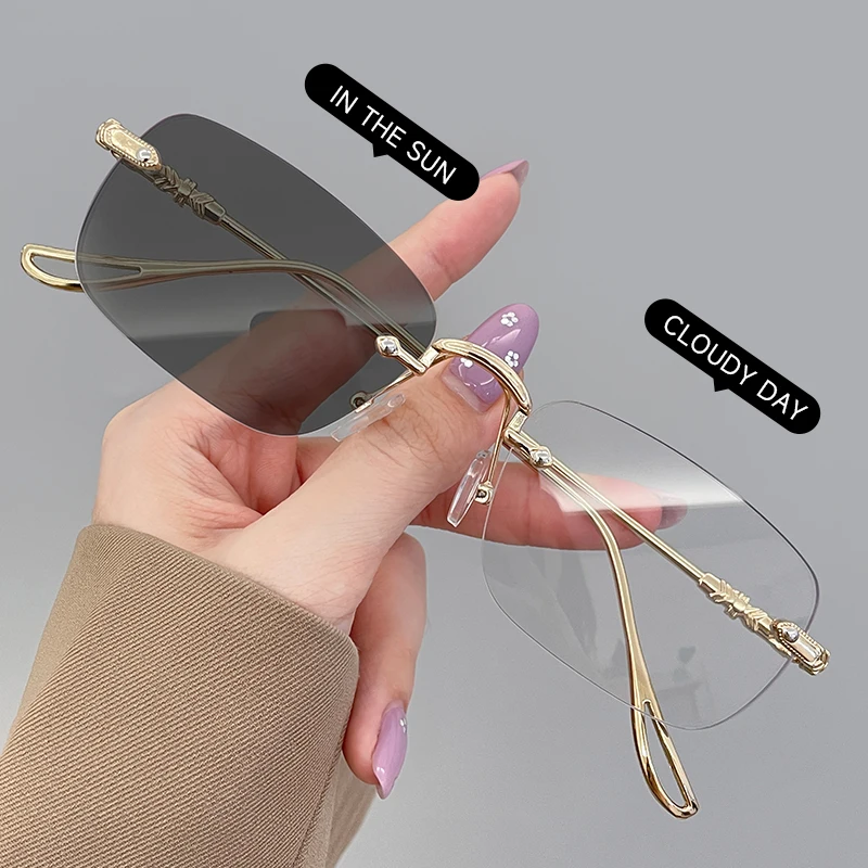 BEAU FIVE New Fashion Rimless Photochromic Glasses Unisex Luxury Glasses Anti Blue Light Blocking Eyewear Frameless Eyeglasses