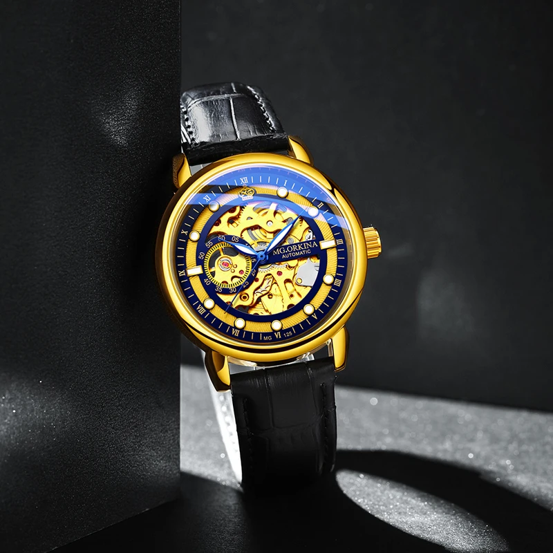 Модные золотые механические часы со скелетом, мужские лучшие брендовые роскошные кожаные автоматические полые наручные часы, кожаные военные часы для мужчин