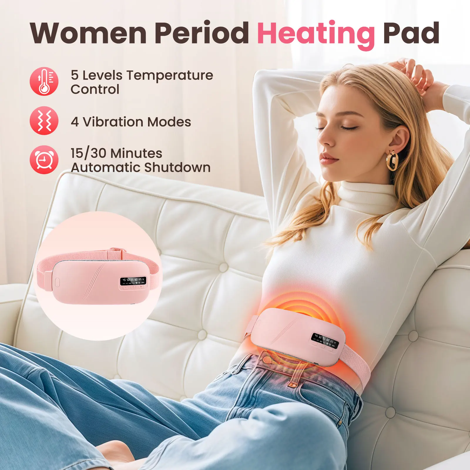 Electric Women Period Massager Heating Pad Abdominal Warmer Belt Vibration  Machine 5 Levels Hot Compress Smart Timer Winter Warm