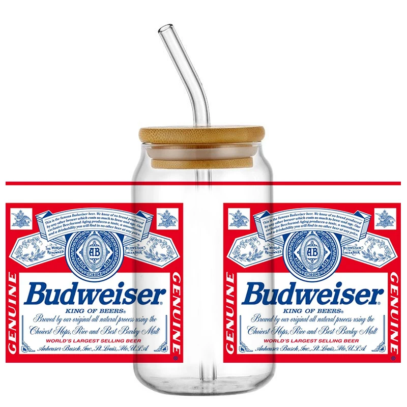 Budweiser Beer Pattern 16OZ UV DTF Cup Wrap Transfer Stickers Custom Labels DIY Waterproof Logo For Libbey Glass Can