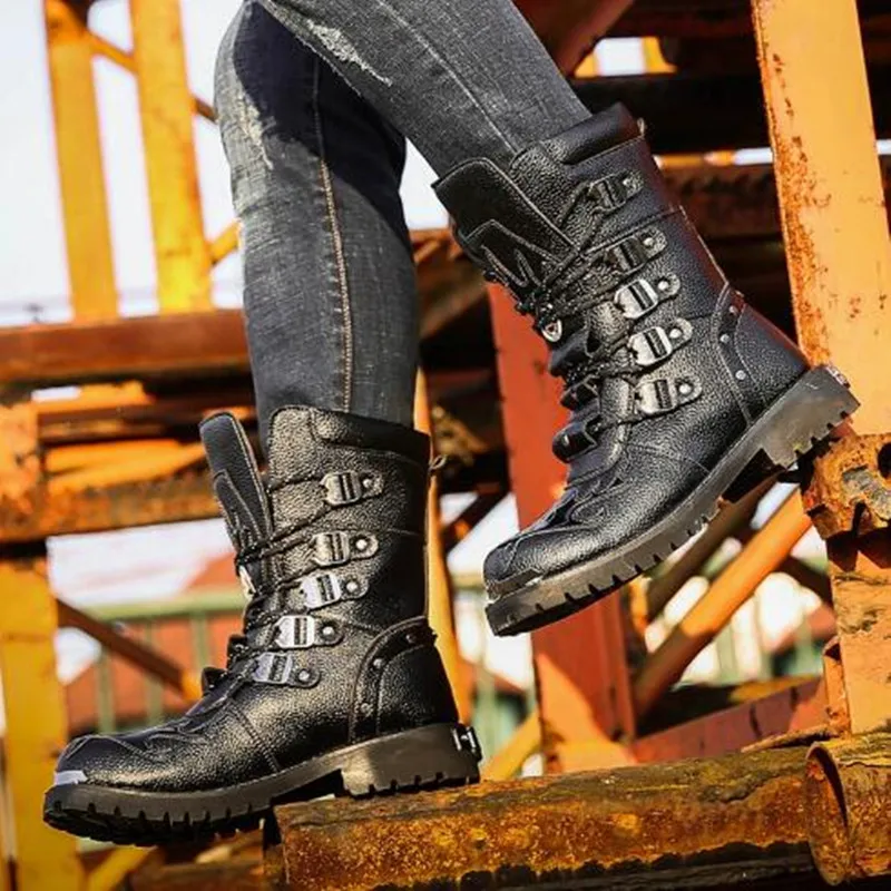 

New Men Motorcycle Boots Fashion Mid-Calf Punk Rock Punk Leather Black High Top Mens Casual Boot Steel Toe Shoes Big Size 38-46