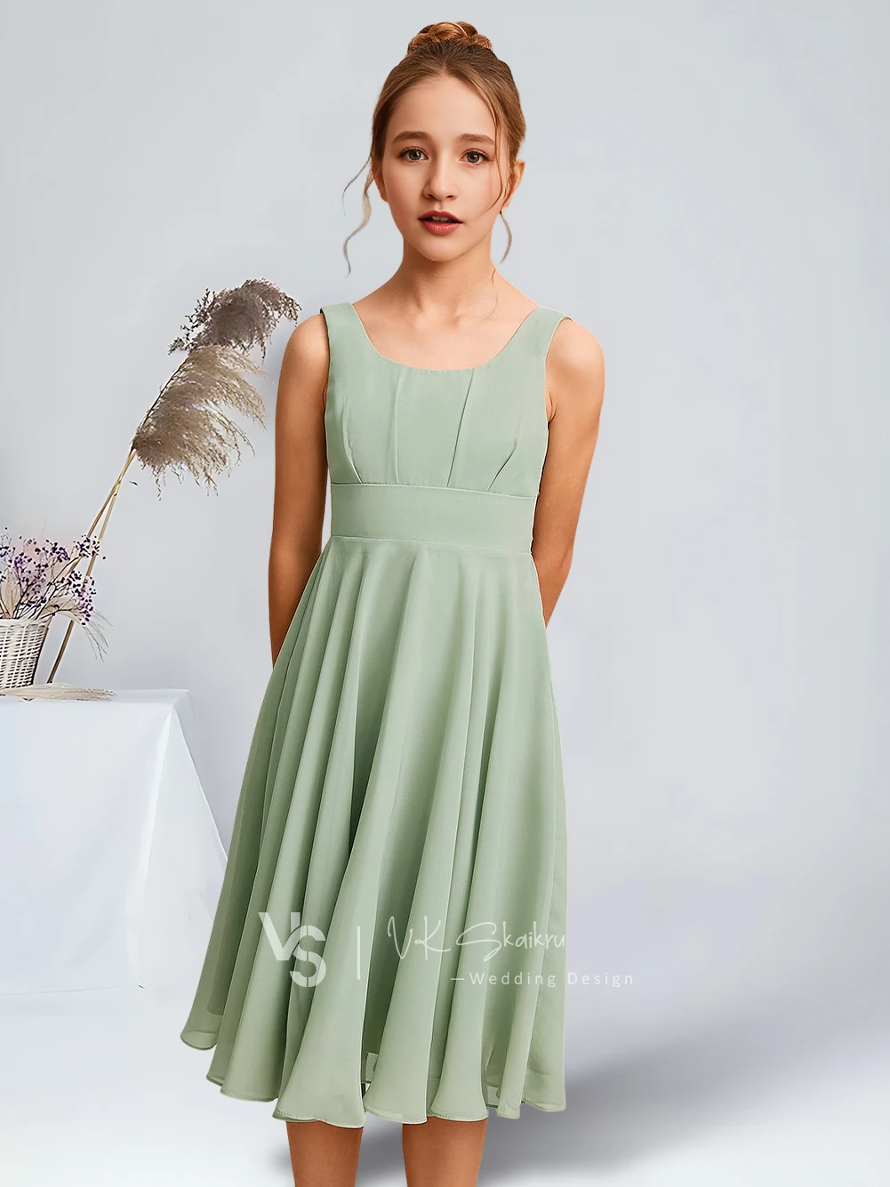 Elegant A-Line Square Knee-Length Chiffon Junior Bridesmaid Dresses Celadon Charming Flower Girl Dresses Party Wedding Kids