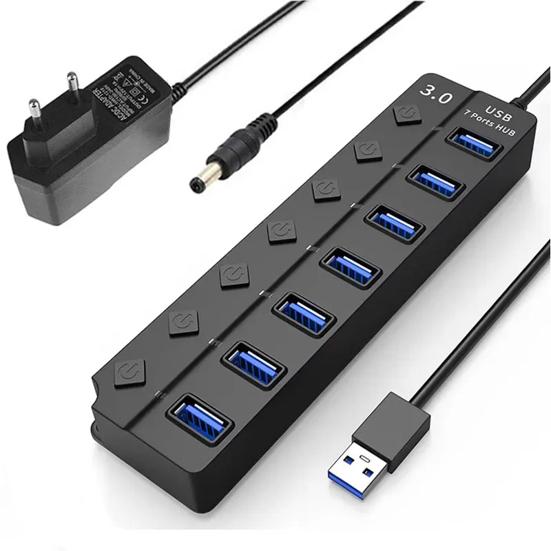 USB HUB 3,0 USB 2,0 Hub multi USB divisor Hub utiliza adaptador de corriente 4/7 puertos expansor múltiple USB 3,0 Hub con interruptor Cable de 30CM